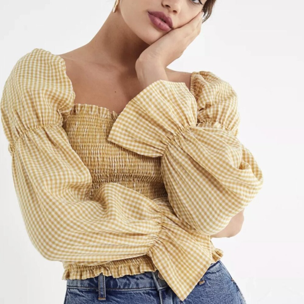NWT, Urban Outfitters Gingham Cinched-Sleeve Blouse, Mustard & White, Size L